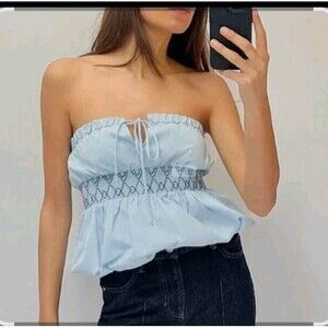 Zara Coquette Coastal Blue Smocked Strapless Peplum Top Women’s Size M